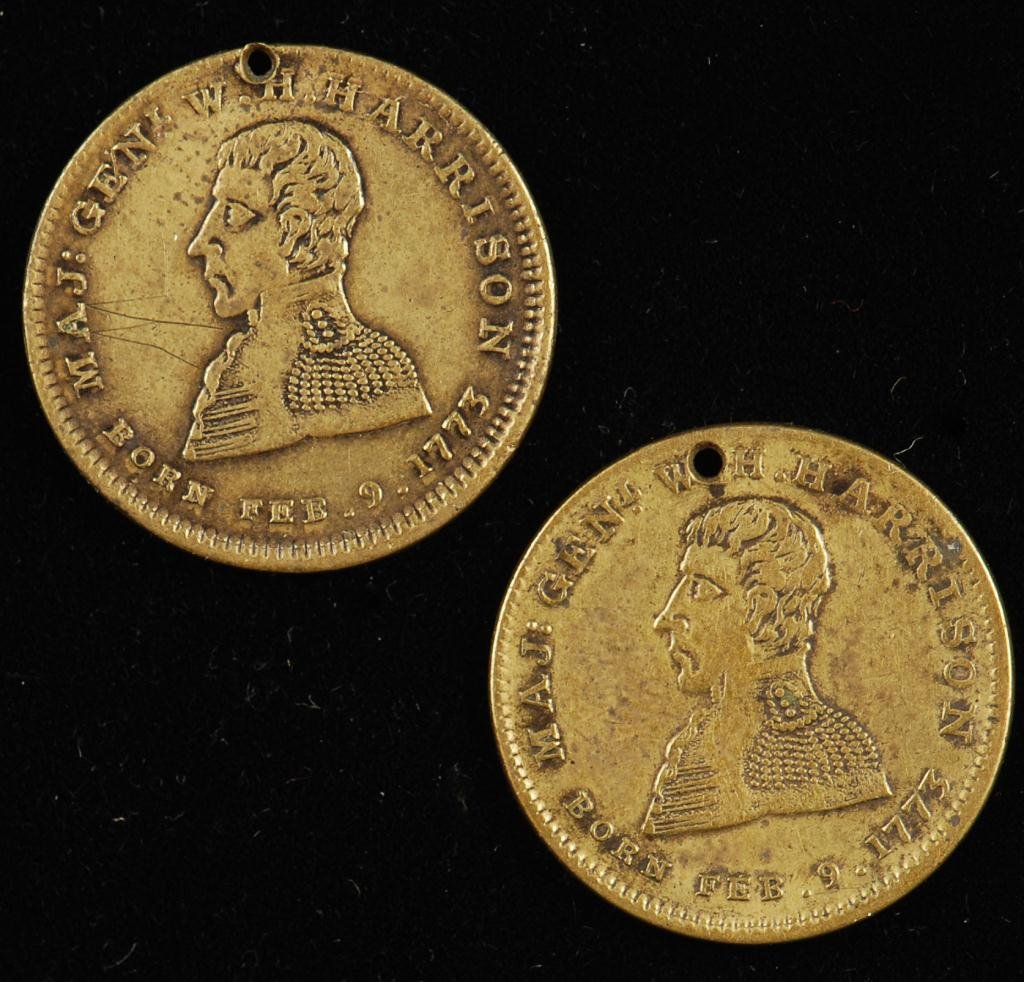 (2) 1840 William Henry Harrison Campaign Medals: Each verso "Democratic Whigs"