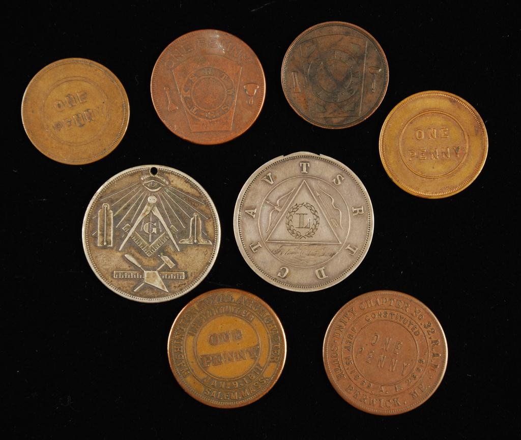 (8) Masonic Tokens: Interesting raised token and a variety of lodges