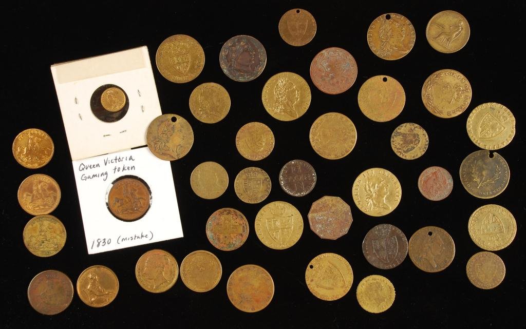 Collection of French and English Gaming Tokens: Including a Queen Victoria Medalet and an 1830 Gaming Token with a mistake.