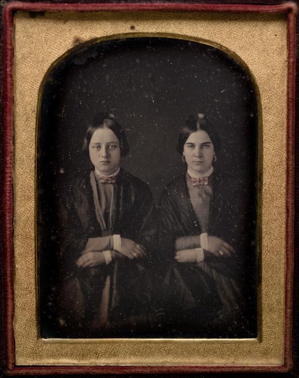 Early 1/4 Plate Daguerreotype "Old Academy Pupils": Miss Emma J. McCarty and Miss Christina Smith, "Old Academy" pupils. Anonymous.