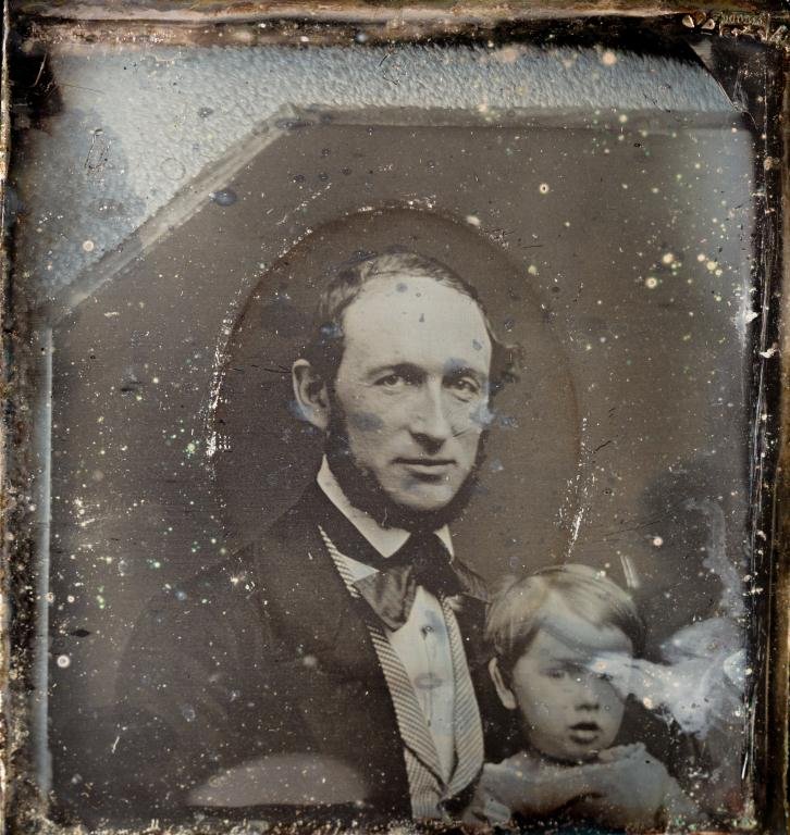 1/6 Plate Daguerreotype of a Gent with Young Boy: Anonymous. Plate image greatly cropped by oval mat.
