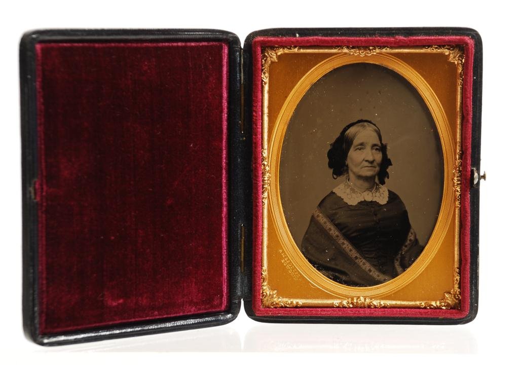 1/4 Plate Ambrotype by Bowdoin: Woman wears lace, cameo and shawl.