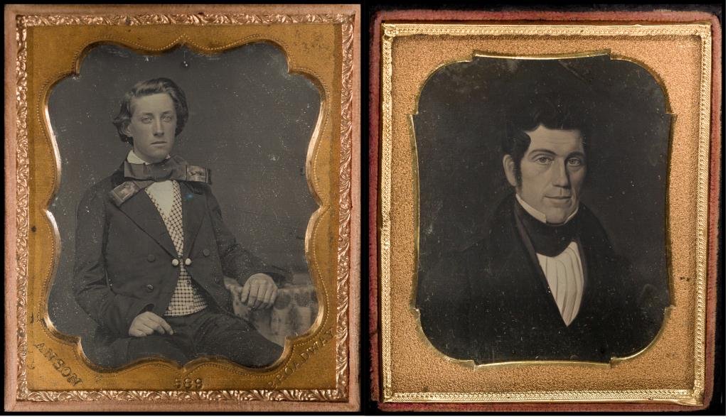 (2) 1/6 Plate Daguerreotypes Young Man & Painting: Young man with fancy tie and vest, signed Anson, New York. The image of a painting of a gentleman is anonymous.