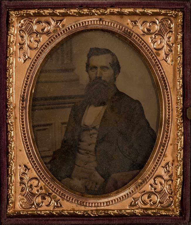 Angle with Trumpet Thermoplastic Case 1857: Containing 1/6 plate Ambrotype of a gentleman.