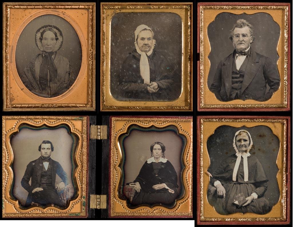 (6) Daguerreotypes in (4) Thermoplastic Cases: (5) 1/6 Plate daguerreotypes. (1) Couple in glasses with woman holding daguerreotype, (1) Couple with tinted table cloth, (1) single woman wearing bonnet and the last holding spectacles. The cases inc
