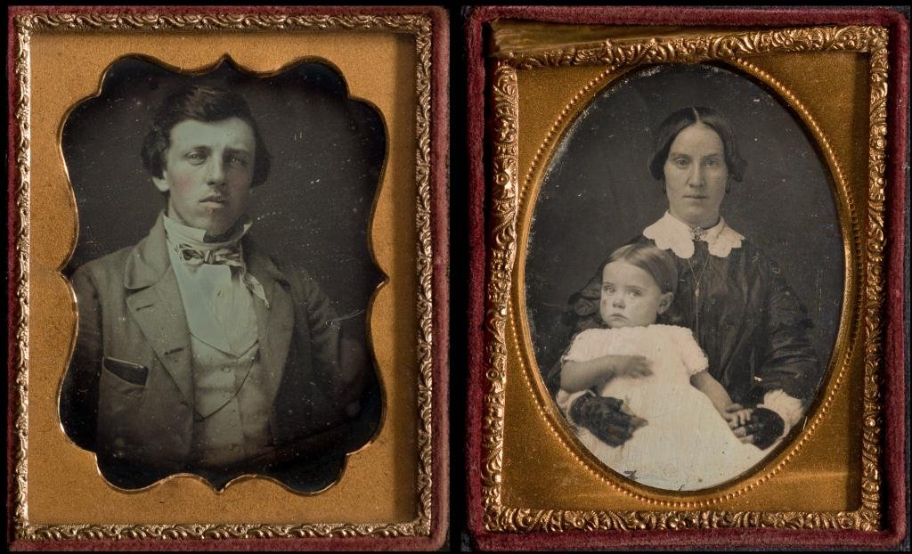 1/9 Plate Daguerreotypes by Tabor and Tyler & Co.: Gent is by Tyler embossed in velvet on inside of case cover. Mother and young girl includes a paper label behind image. Taber & Co. Boston.