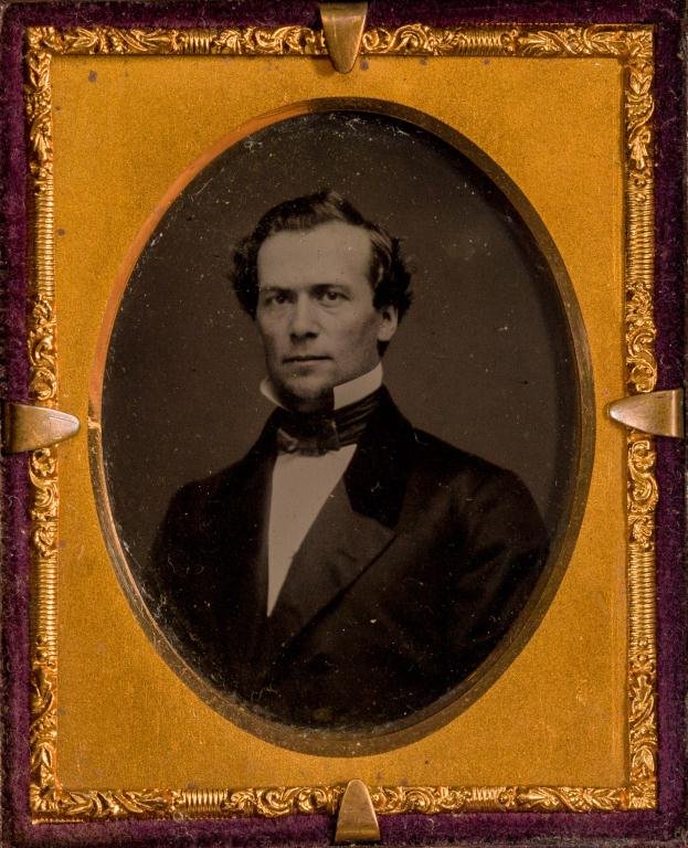 1852 Brady Cuttings 1/9 Plate Swing Ambrotype: Stamped in mat.