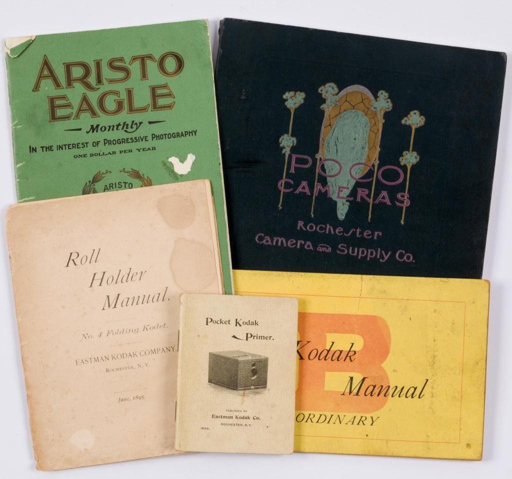 Lot of (5) Photographic Pamphlets and Directions: 1896 Pocket Kodak Primer, 1892 Kodak Manual Ordinary, 1895 Roll Holder Manual, 1904 Aristo Eagle Monthly Number 47, 1902 Rochester Poco Cameras,