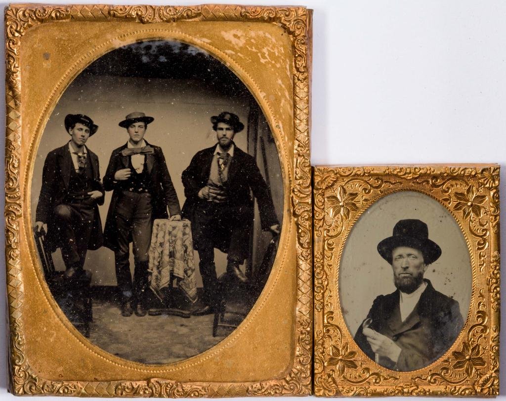 1/4 Plate Ambrotype and a 1/9 Plate: Nice grouping of (3) Gentlemen and a single man holding glasses.