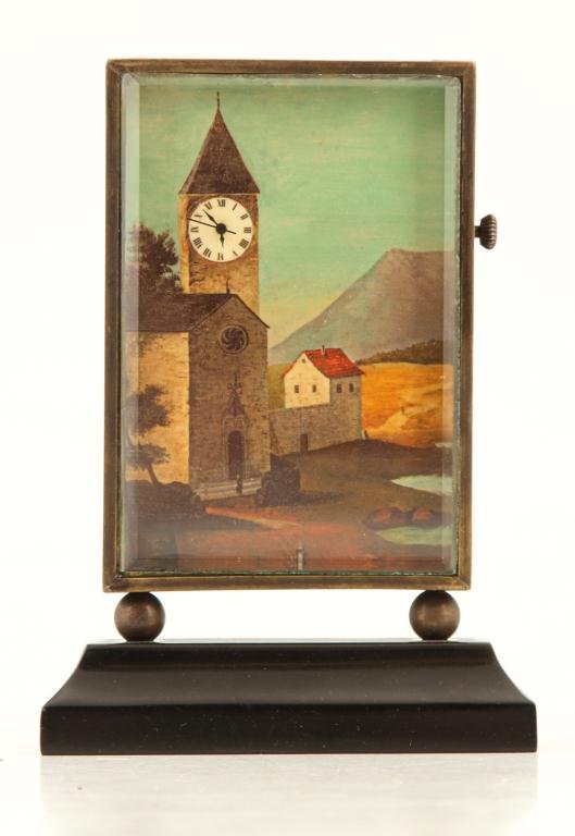 BRONZE NOVELTY CLOCK WITH VILLAGE CLOCK TOWER (1 of 4)