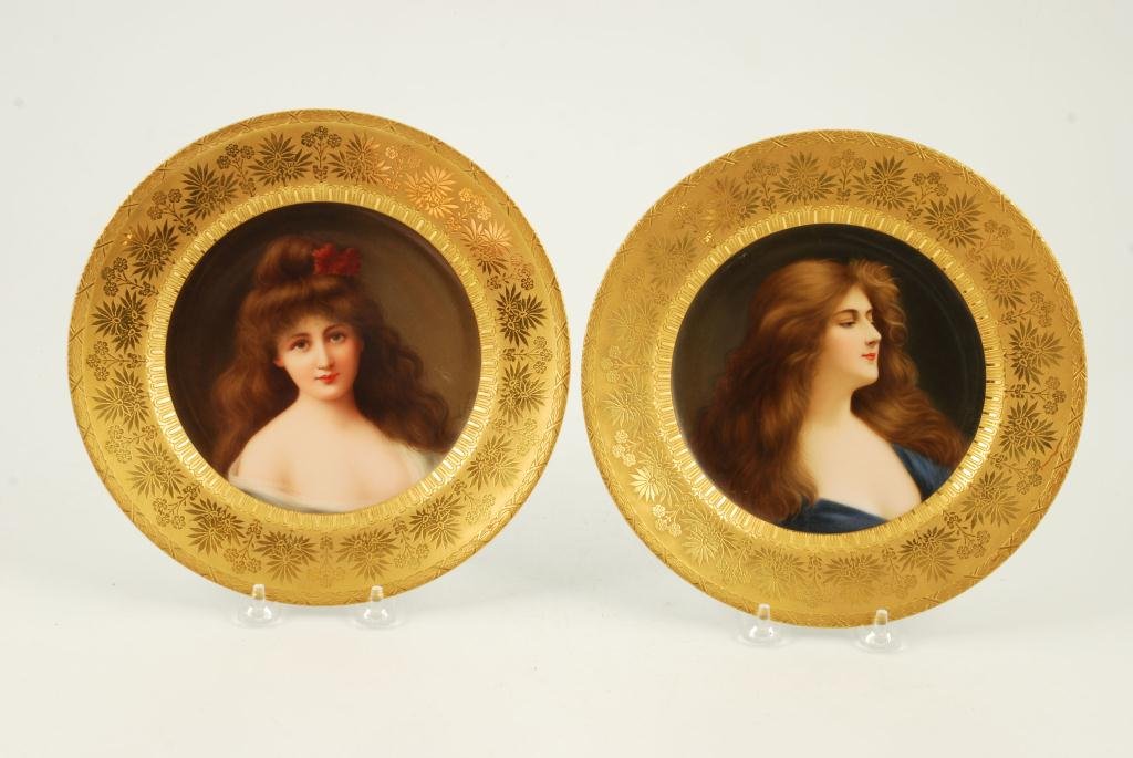 PAIR OF CABINET PLATES SIGNED WAGNER: "Reflection and Meditation". Germany. 9 1/2 inches (each)