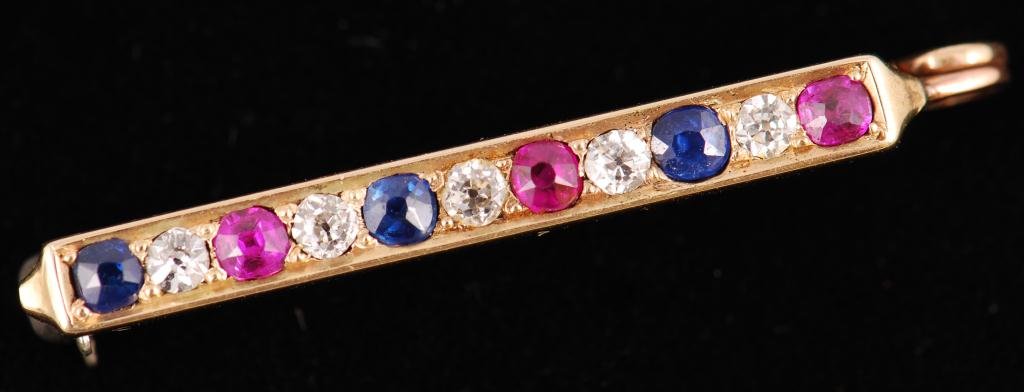 14K GOLD DIAMOND SAPHIRE AND RUBY PIN (1 of 3)
