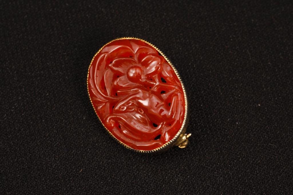 CARVED CARNELIAN PIN: 1 3/8 inches gold-filled frame