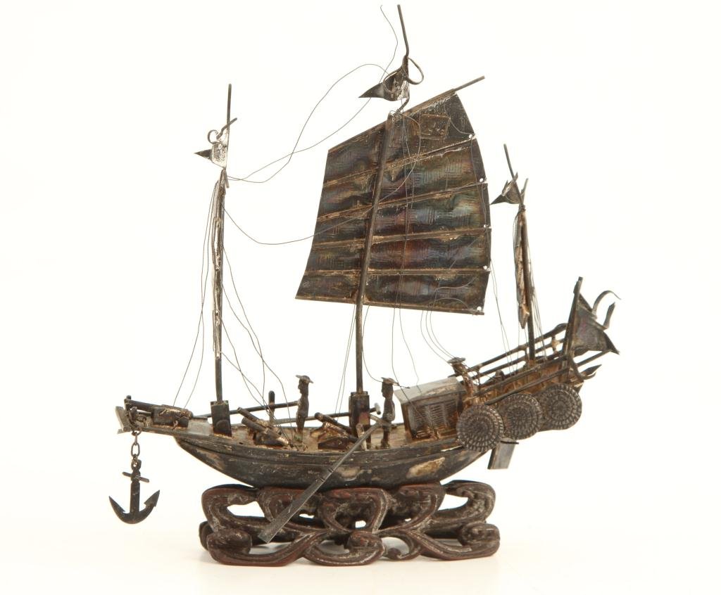 (19thc) CHINESE SILVER JUNK ON WAVE FORM BASE (1 of 4)