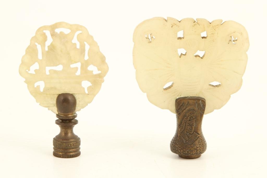 (2) CHINESE CARVED JADE FINIALS: 3 x 2 3/8 and 2 3/4 x 1 3/4 inches (including hardware)
