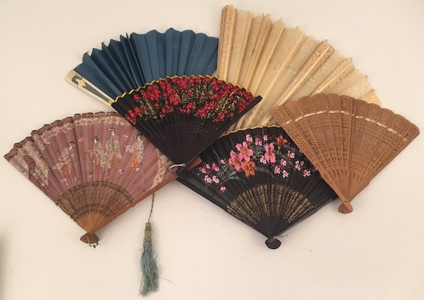 (6) ANTIQUE ASIAN FANS: Including: Sandal wood and (4) other examples. 15 inches (and under)