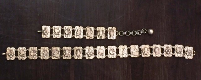 HANDMADE ALUMINUM CHOKER AND BRACELET: Bat, frog, owl, moon motif. Unmarked. Length 9 and 14 inches.