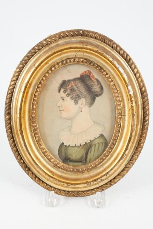 (18th c) PORTRAIT MINIATURE OF A YOUNG WOMAN: "Possibly the wife of Isaac de Graff (1756-1844)" watercolor and pencil on paper. 5 x 3 3/4 inches.