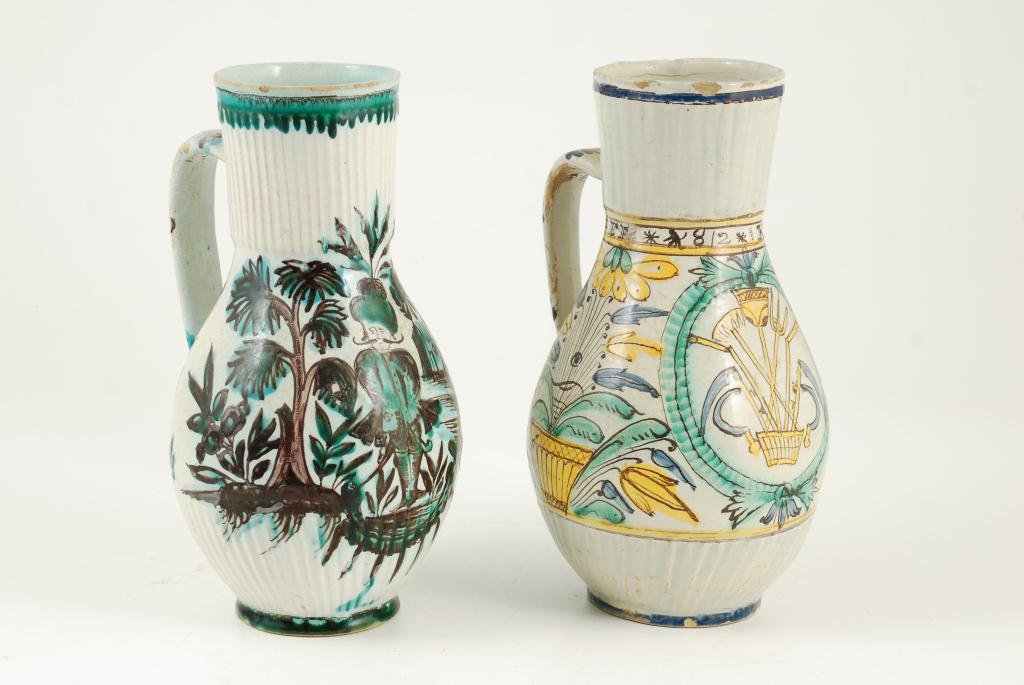 TWO (18th c) DELFT TIN GLAZED PITCHERS (1 of 10)