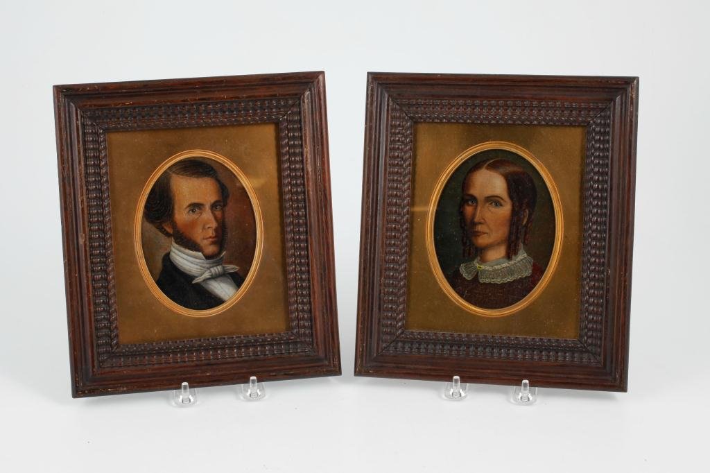 (19th c.) AMERICAN SCHOOL: "Mr. and Mrs. Robert R. Little 1855" oil on paperboard. 7 x 6 inches. painted by Robert R. Little. signed verso. frame