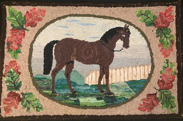 (EARLY 20th c) HOOKED RUG WITH HORSE IN YARD (1 of 6)