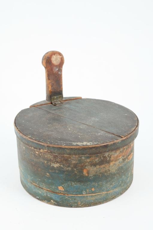 (19th c.) GREEN PANTRY BOX PIGGIN W/ HINGED COVER (1 of 3)