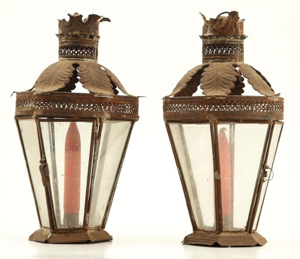 PAIR OF (19th c) PIERCED TIN AND GLASS LANTERNS (1 of 6)