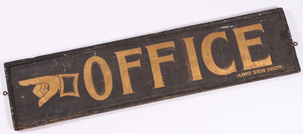 (19th c) "OFFICE" GILT & SAND PAINTED TRADE SIGN (1 of 3)