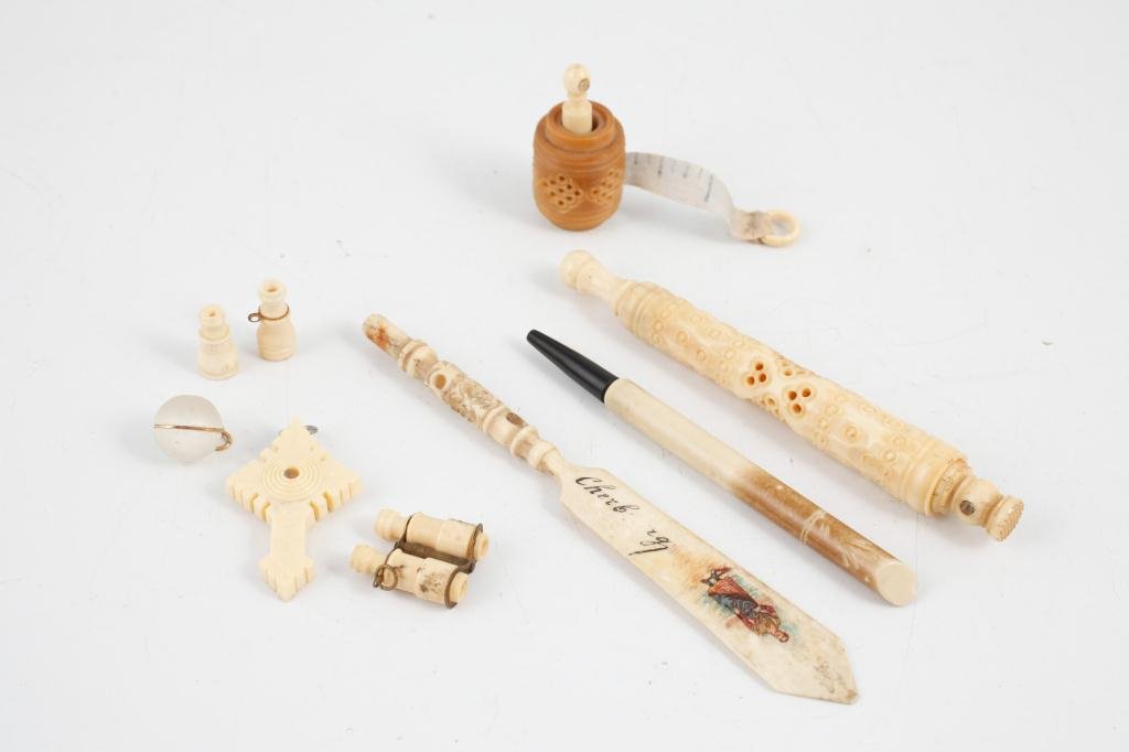 COLLECTION OF (9) STANHOPES: Including: Sewing tape measure, charm ball, pencil, seal, (2) telescopes, binoculars, cross and paddle