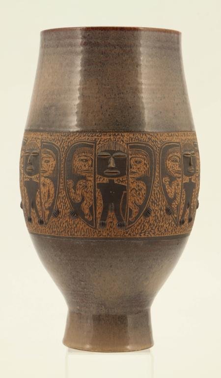 EARLY & IMPORTANT ED AND MARY SCHEIER FIGURAL VASE: Glazed stoneware. Running Central Band of Figures Depicting Birth or Entrapment Themes. Interesting stippling technique used in ground. signed. Height 14 3/4 inches. *Note this vase was a gift from Ed