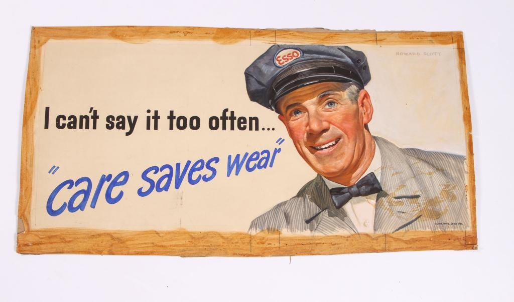 HOWARD SCOTT ESSO ILLUSTRATION 1944: "Esso, I can't say it too often..."care saves wear" gouache 14 x 31 inches. signed. Unframed.
