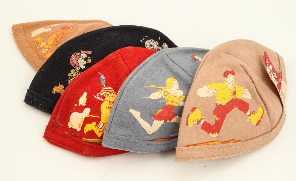 (5) DOGPATCH LIL ABNER AL CAPP DOGPATCH BEANIES: Circa 1950 (5) different beanies including Daisy Mae etc. 9 1/2 x 5 inches (folded)