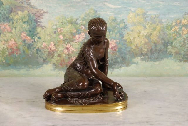 19th C French Bronze Figure of a Girl: unsigned, bronze with dark brown patina, with foundry stamp "A*D/Delafontaine". 13" h x 12" w