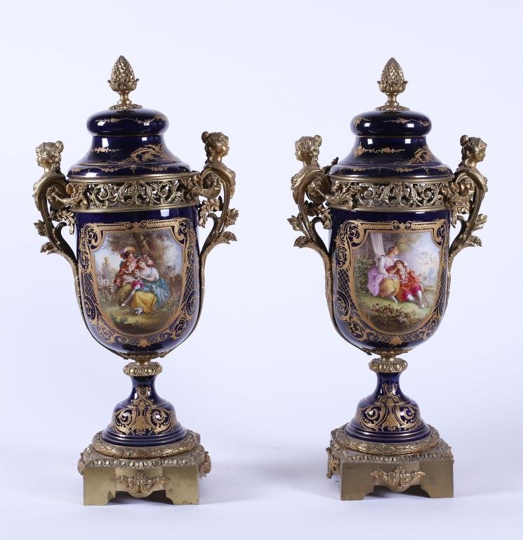 Pair of Sevres style Ormolu Mounted Covered Urns (1 of 10)