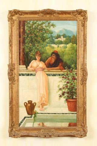 Herbert Blande Sparks (English, late 19th c.) Oil: "The Proposal". Oil on canvas. Signed "H. Bland Sparks, R.B.A." l.r. 35 x 19 1/2 inches. Framed: 42 x 26 inches