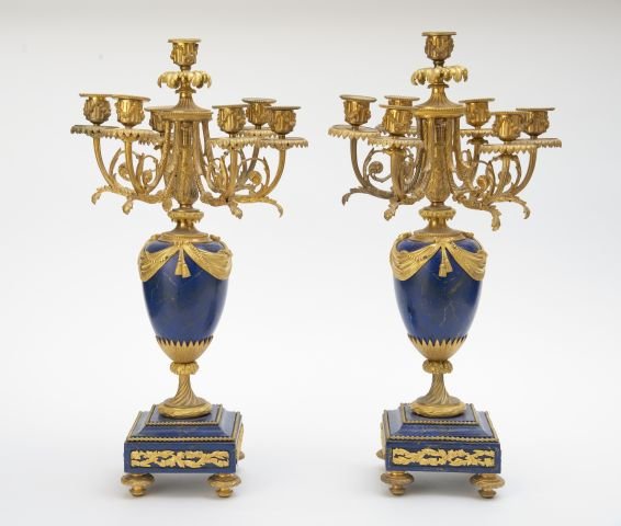 Pair of 19th c Louis XVI style Lapis Candelabra (1 of 2)