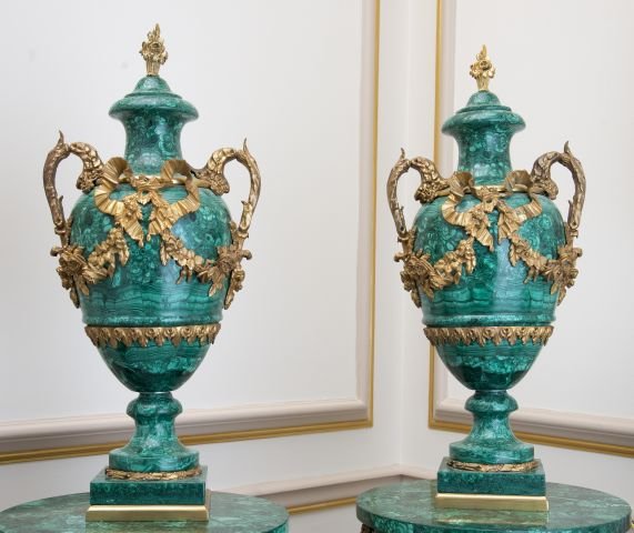 Pair of Classical Russian Malachite Veneer Urns (1 of 3)
