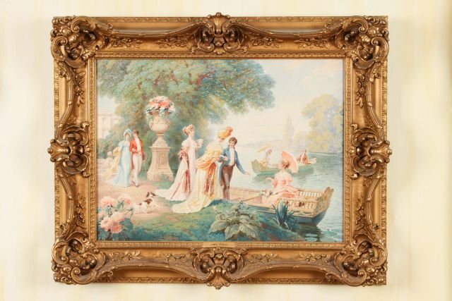 Lionel Peraux (French, b. 1871) Watercolor: Boating Party. Watercolor. Signed "Lionel Peraux" l.r. housed in a period ornate carved giltwood frame. 17 3/4 x 24 inches. Framed: 26 x 32 1/4 inches