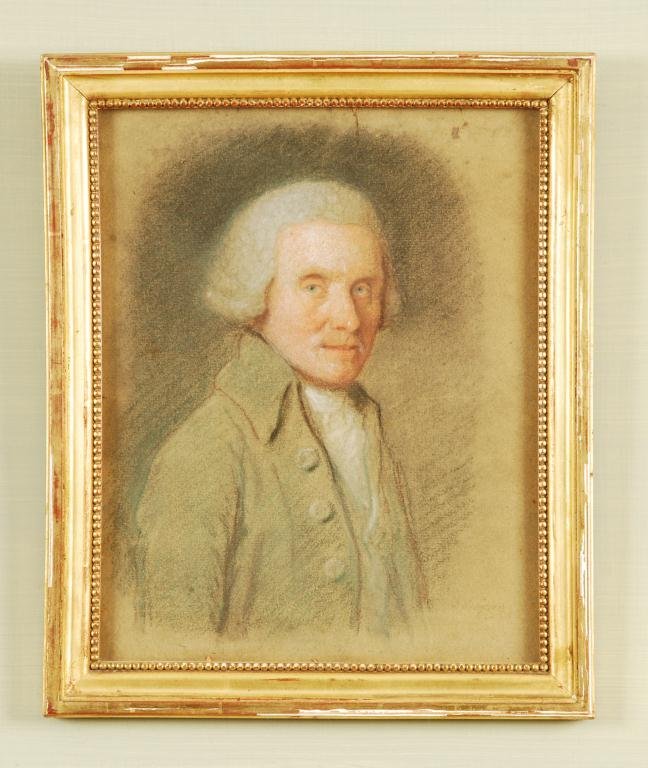 JOHN SINGLETON COPLEY (1738-1815) PORTRAIT: Pastel portrait of a wigged gentleman on paper, R.C. Vose painting stamp verso together with a typed letter from Vose gallery with detailed description of portrait. Hand inscribed "$750.00 Bought from