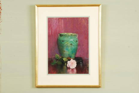 LAURA COOMBS HILLS (1859 – 1952) STILL LIFE: Pastel on paper titled ‘The Persian Jar’, signed upper left, with gallery label affixed verso, retains original receipt from Doll & Richards Inc. December 1, 1933 for $250, also accompanied with