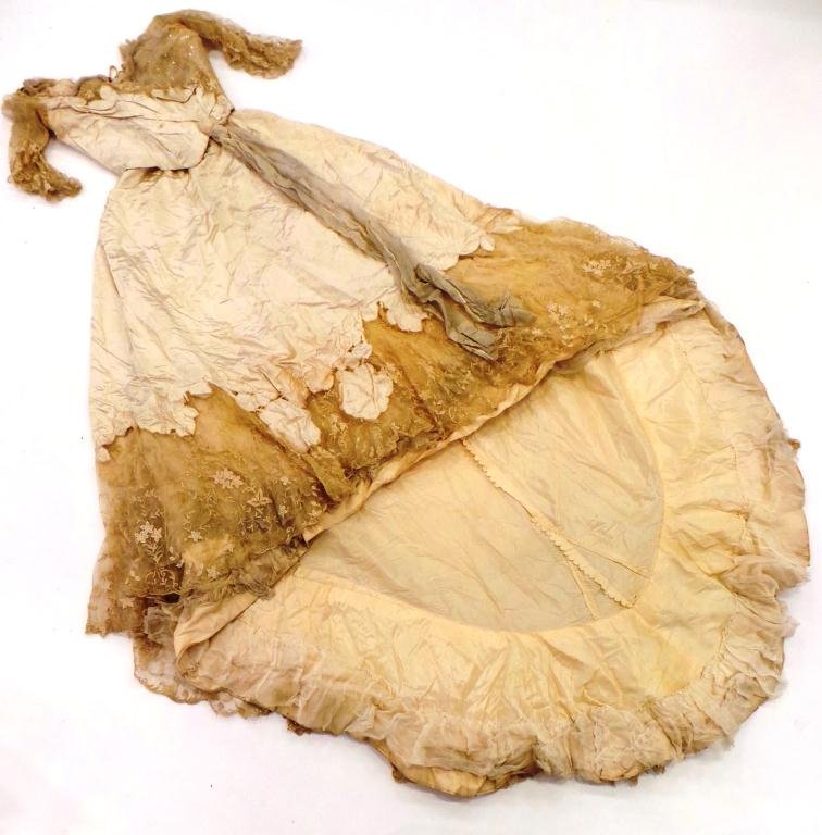 HOUSE OF WORTH PARIS TWO PIECE DRESS c.1890's: Silk with embroidered lace, sequins and belt. Skirt with silk floral boarder, lace and floral embroidered lace.