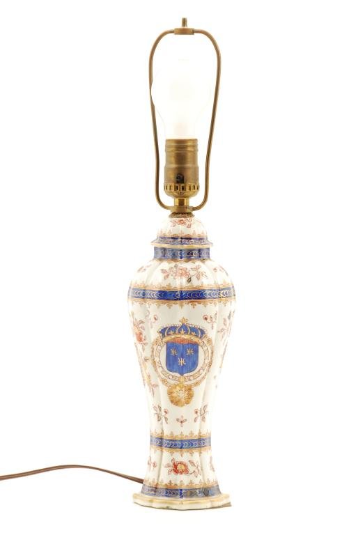 ENGLISH EXPORT PORCELAIN ARMORIAL VASIFORM LAMP (1 of 5)