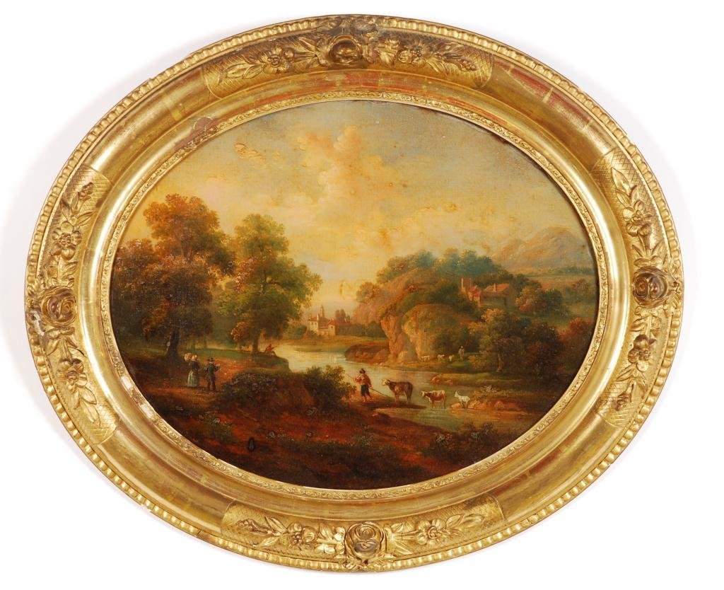 (19th c) EUROPEAN SCHOOL: "Romantic Landscape with Strolling Figures" oil on board set into a slightly convex oval glass. unsigned, 12 1/2 x 16 inches. 18 x 22 inches (including gilt frame)