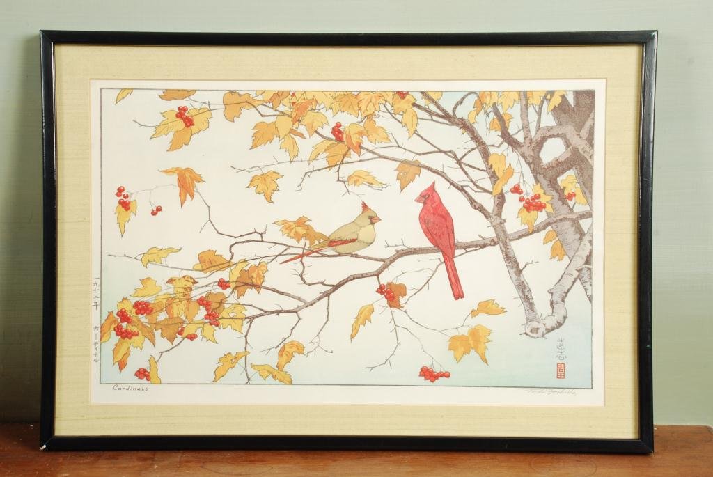 TOSHI YOSHIDA WOODBLOCK PRINT, ‘CARDINALS’ (1 of 4)