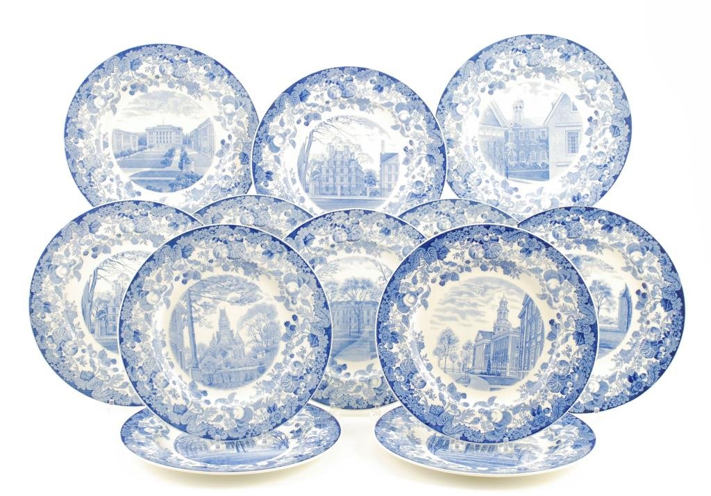 SET OF 12 HARVARD WEDGWOOD PLATES: Blue and white, 1927, with various scenes of halls and noted buildings, 10 1/4 inches diameter.