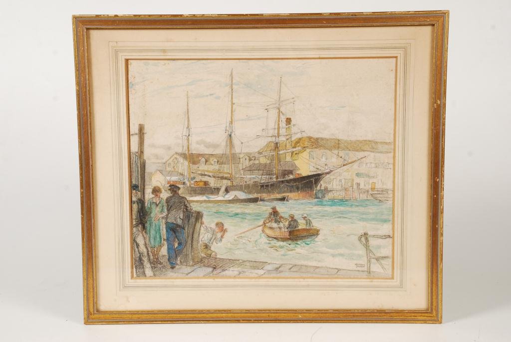 EUSTACE NASH (1886-1969): "Busy Day at the Docks" mixed media 13 x 15 1/2 inches. signed. framed 18 x 21 (overall)