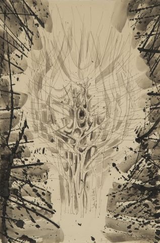 JOHN W. HATCH (1919-1998): "Tree with Halo" ink and ink wash on paper 17 1/2 x 12 inches, signed, top stapled to mat board 23 x 18 1/2 inches (overall)