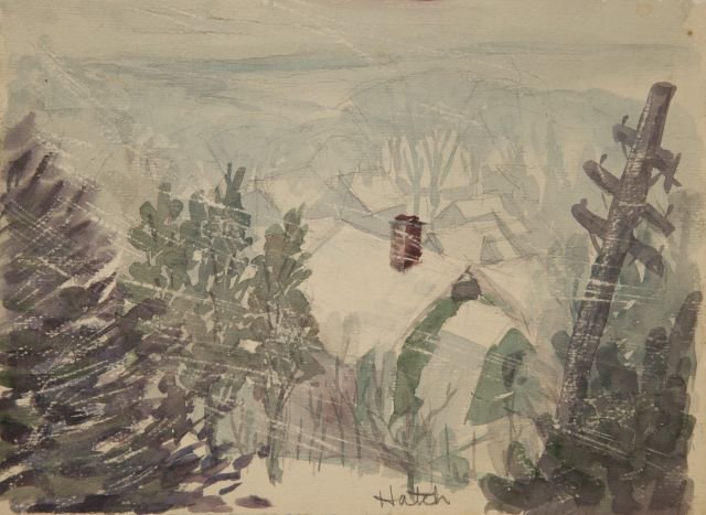 JOHN W. HATCH (1919-1998) Early work: "Blizzard on Bailey Hill" watercolor 8 1/2 x 11 inches. signed and dated 1939, unframed