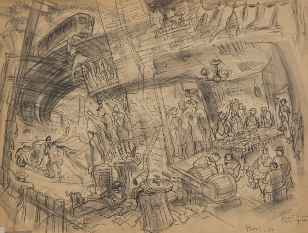JOHN W. HATCH (1919-1998): "Street Scene 1946" charcoal 17 1/2 x 22 1/2 inches. unsigned, unframed. Estate stamped.