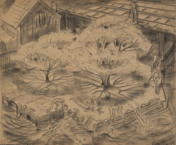 JOHN W. HATCH (1919-1998): "Jumping in Place near New Haven" charcoal 17 x 21 inches. signed, unframed.